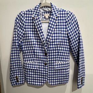 J Crew Blue & White checked, linen/cotton blend blazer jacket size 0
